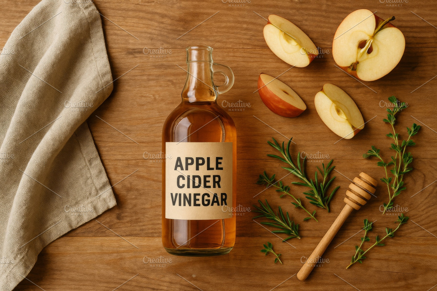 Apple cider vinegar bottle with slic, a Photo by Dvoevnore photos