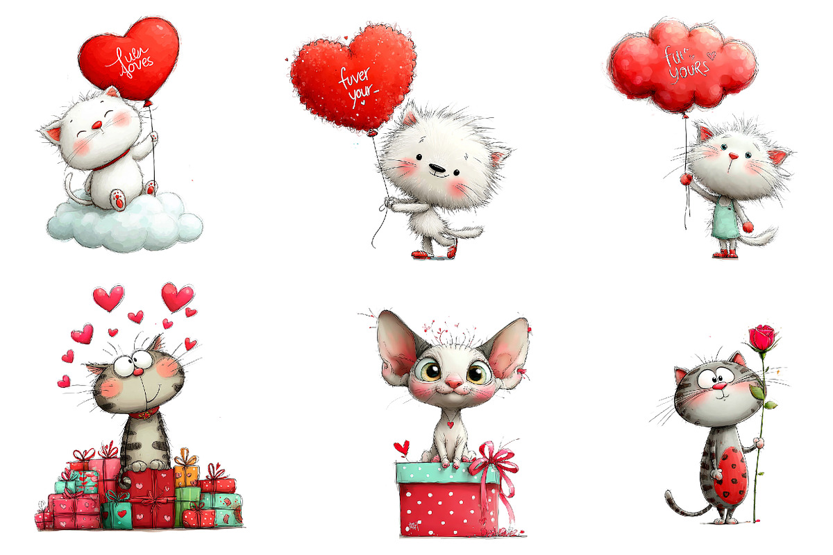 watercolor cute valentines kittens c, an Illustration by CreationArt (Photo 2 of 6)
