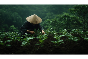 An Asian farmer wearing a, a Nature Photo by Sergey Kotenev
