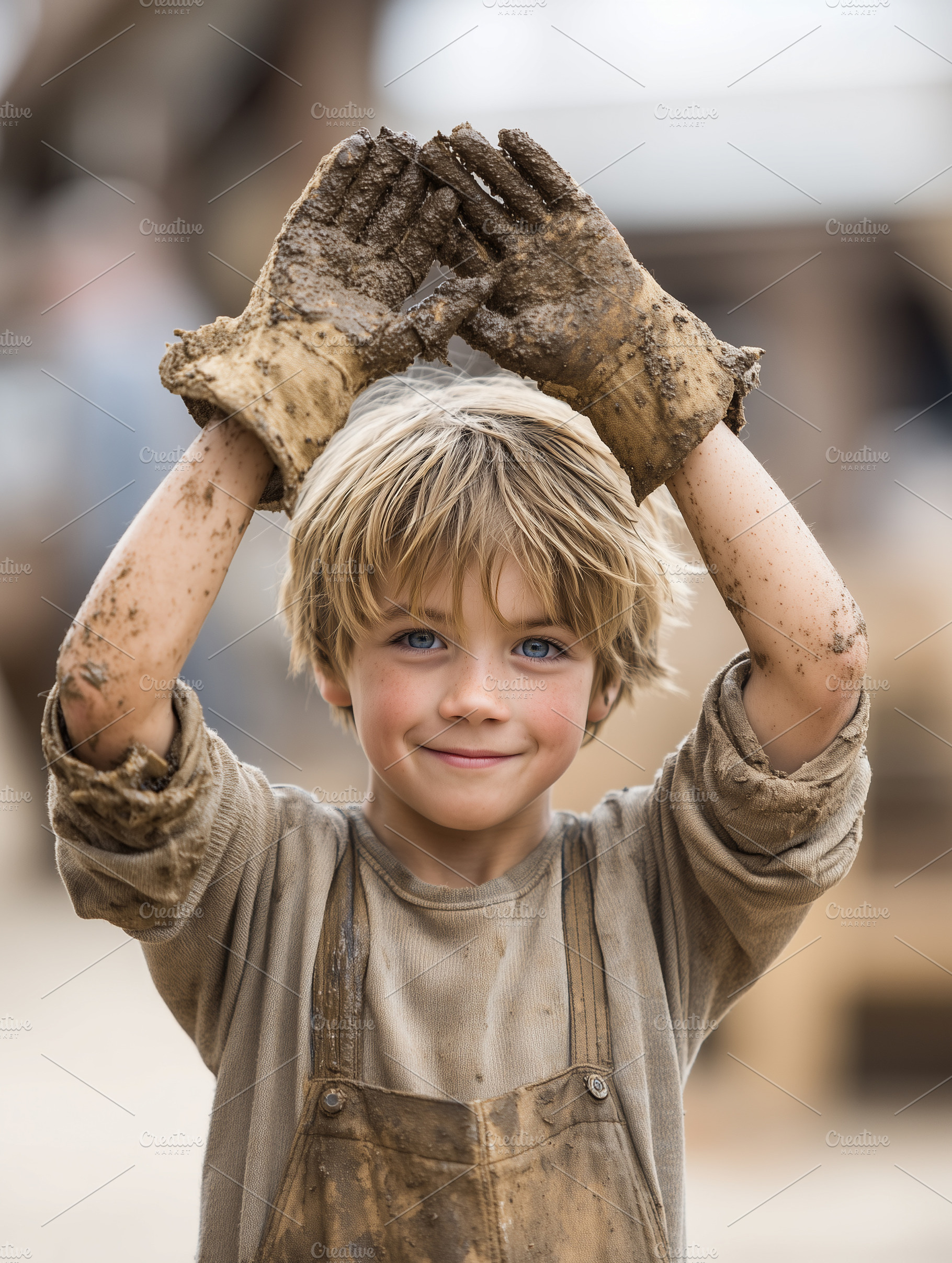 Smiling boy with muddy gloves, an Industrial Photo by MistyDay