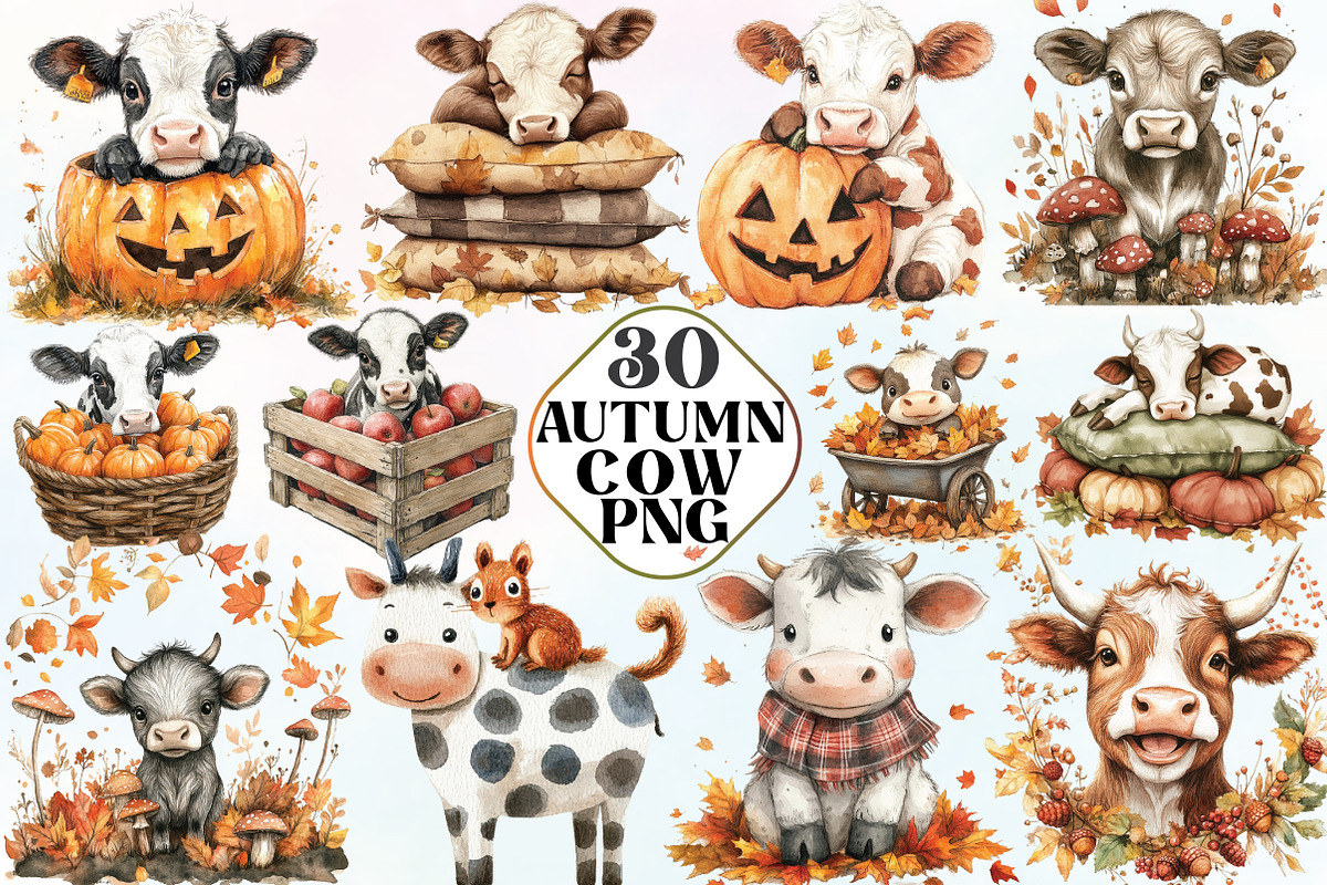Watercolor Autumn Cow Clipart, an Illustration by CraftArtStudio (Photo 1 of 6)