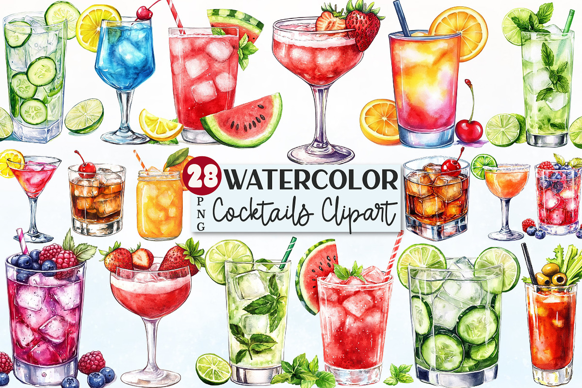 Watercolor Cocktails Clipart Bundle, a Seasonal Illustration by Rose Art