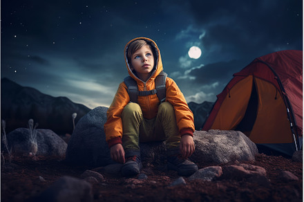 Night nature child hiking near tent, a Nature Photo by Ylivdesign
