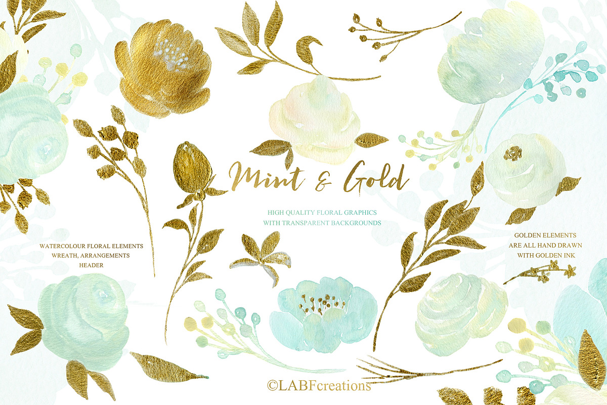 Mint and Gold. Watercolor flowers, an Illustration by LABFcreations (Photo 5 of 7)