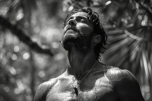 Shirtless Man Meditating in Sun-Dappled Forest, Eyes Closed in Serene Environme, a Photo by AS photostudio