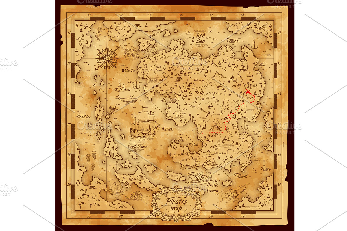 Old pirate treasure map, parchment, an Illustration by Vector Tradition