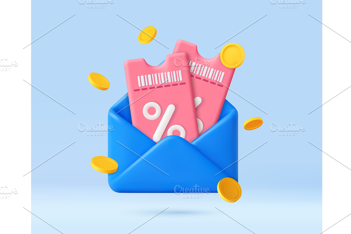 3D discount coupons and coins in, a Finance Illustration by ModVector