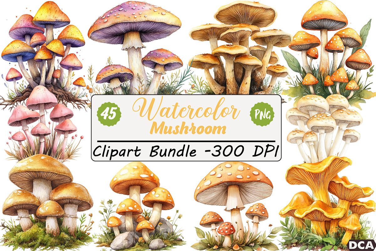 Watercolor Mushroom Clipart bundle, an Illustration by DreamCafeArt (Photo 1 of 9)