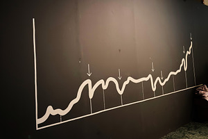 Stylized rising business growth chart mural on gray wall office, a Photo by AS photostudio