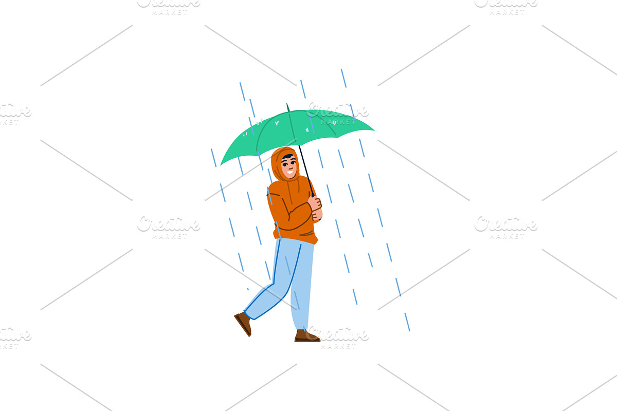 Young man walking with umbrella, a Person Illustration by pikepicture
