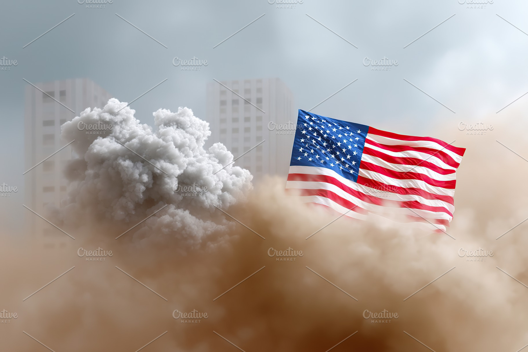Flag waves amidst smoke and dust from an explosion in an urban environment duri, a Holiday Photo by AlyaAnd
