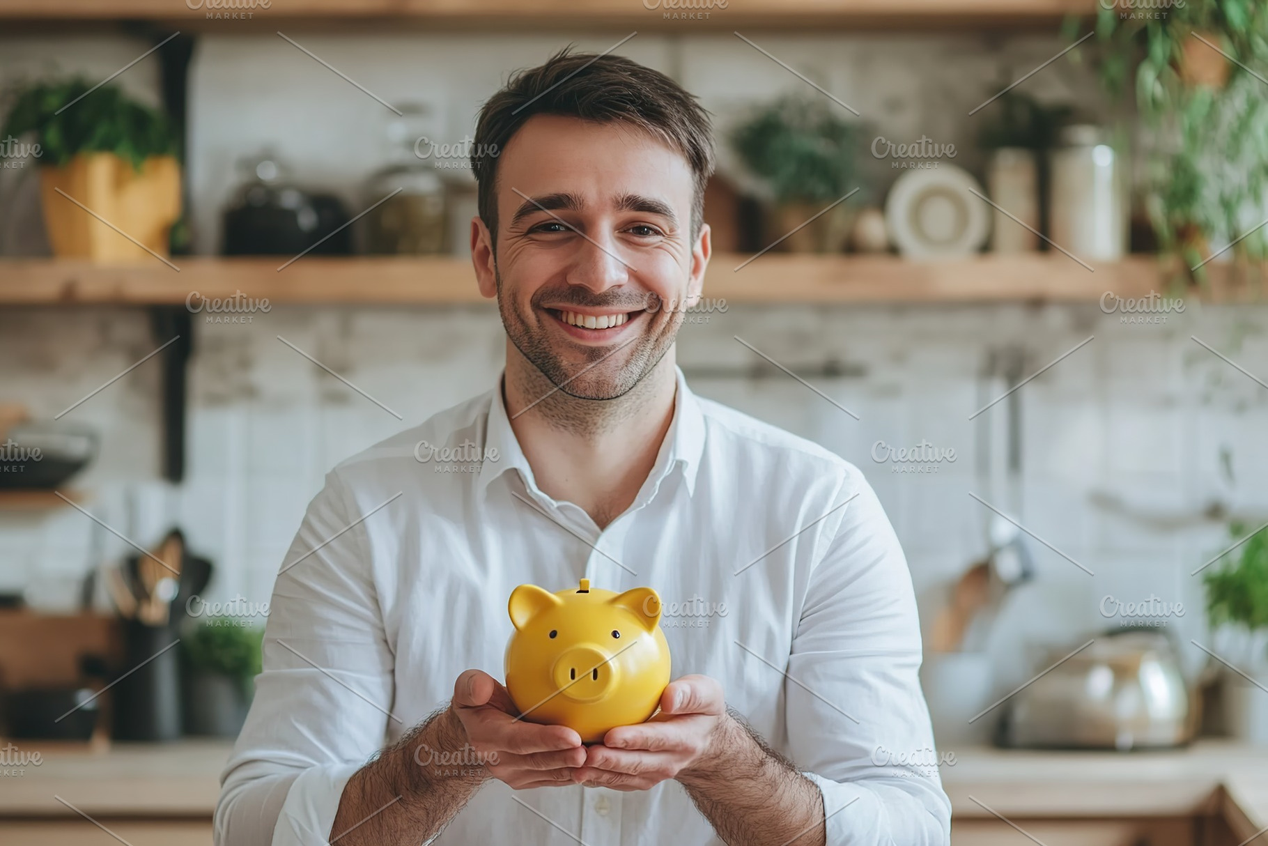 Man holds a yellow piggy bank in hands while smiling in a cozy kitchen setting, a Person Photo by AlyaAnd