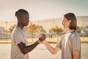 Two young people shaking hands on outdoor basketball, a Photo by DanFLCreativo