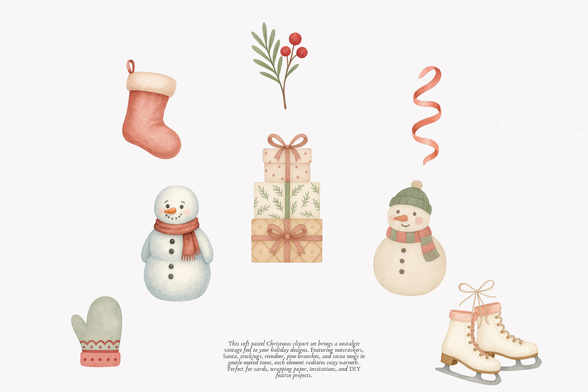 vintage pastel christmas clipart set, a Decorative Illustration by Patishop Art (Photo 5 of 9)