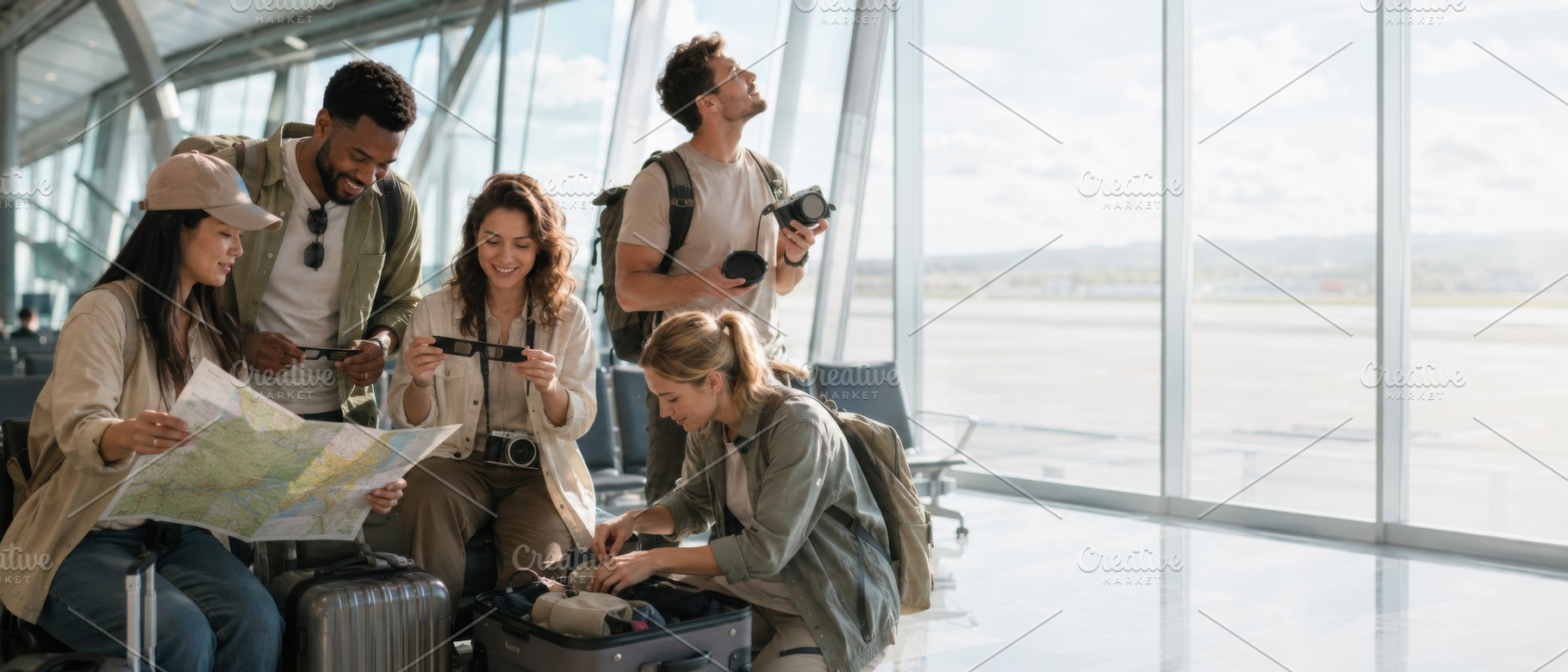 Group of young travelers in airport, a Photo by Dvoevnore photos