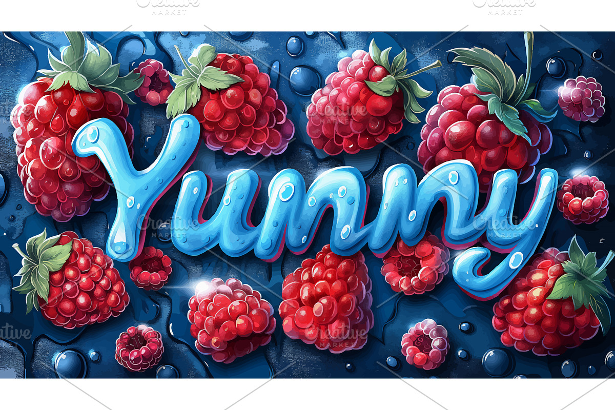 Juicy Raspberries with Yummy Text in, a Food Illustration by AlexArt