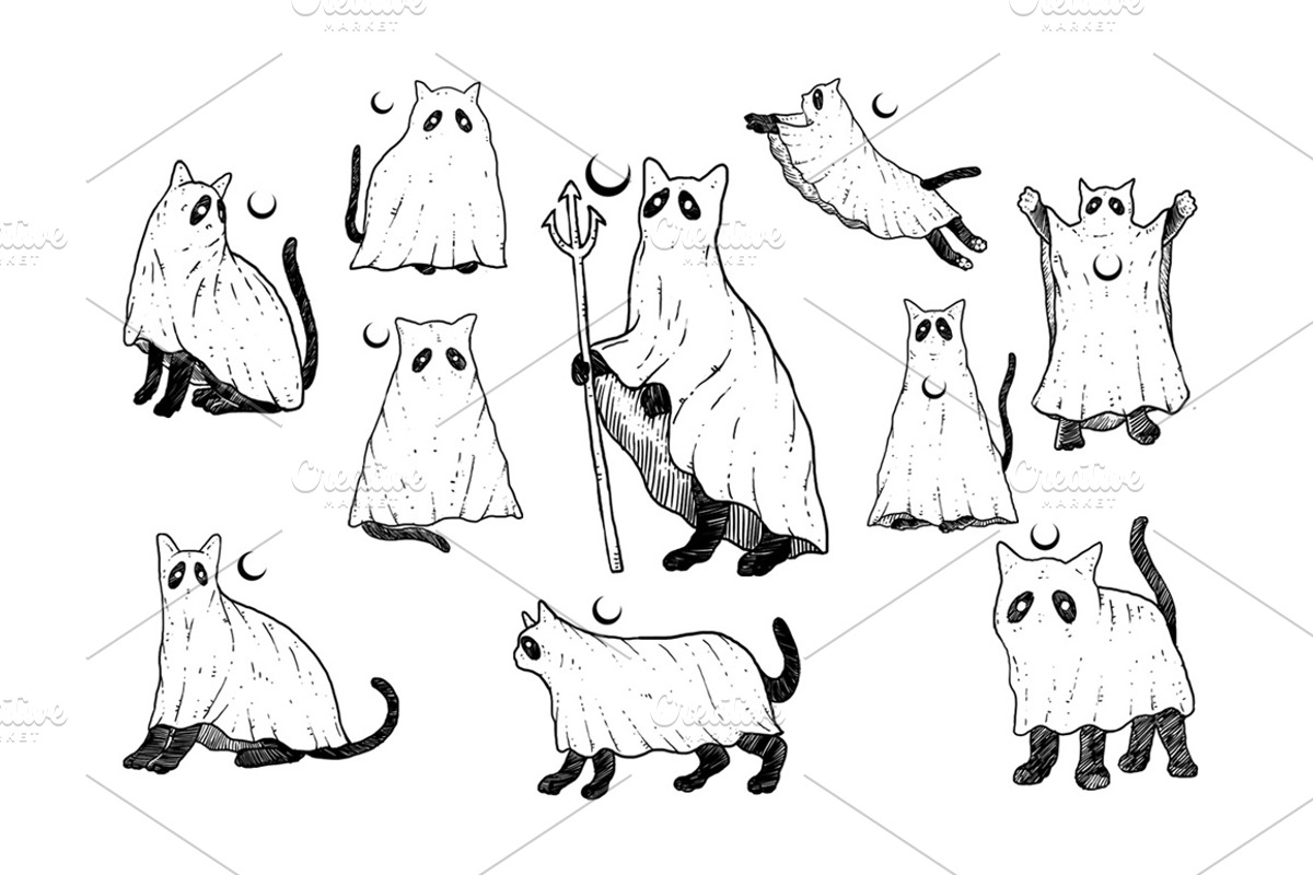 10 Cute Ghost Cat Collection, an Animal Illustration by Design by sebrodbrick (Photo 1 of 4)