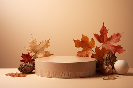 A background podium with maple leaf laying on top of a wooden box created with, a Background Photo by OSORIOartist