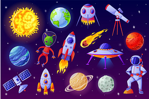 Cartoon Space Elements. Alien, Ufo