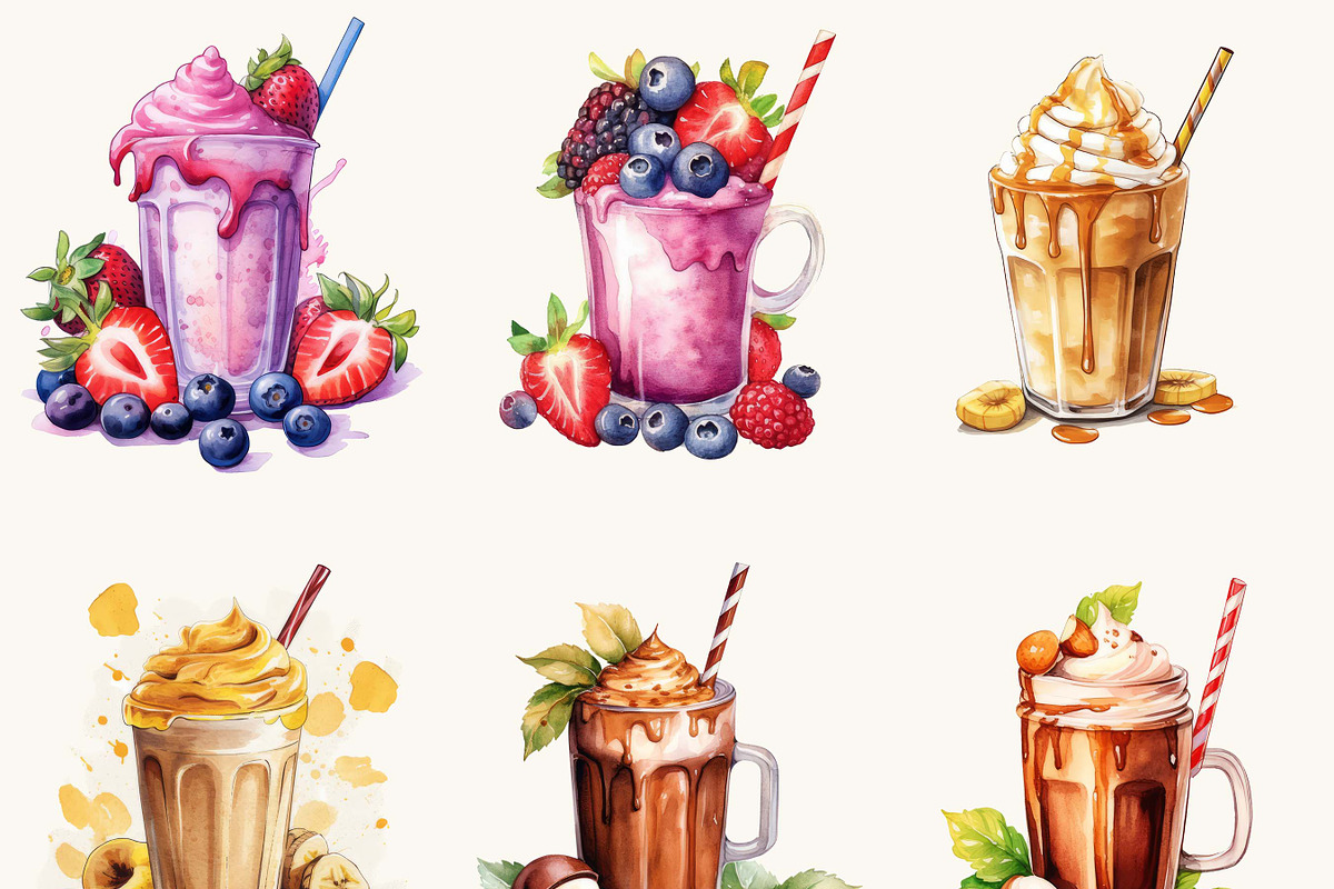 Watercolor Thick Shakes Clipart, a Food Illustration by BusyDaydesign (Photo 3 of 9)
