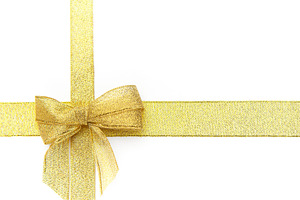 Gold glitter ribbon bow on white background, a Holiday Photo by Olena Rudo