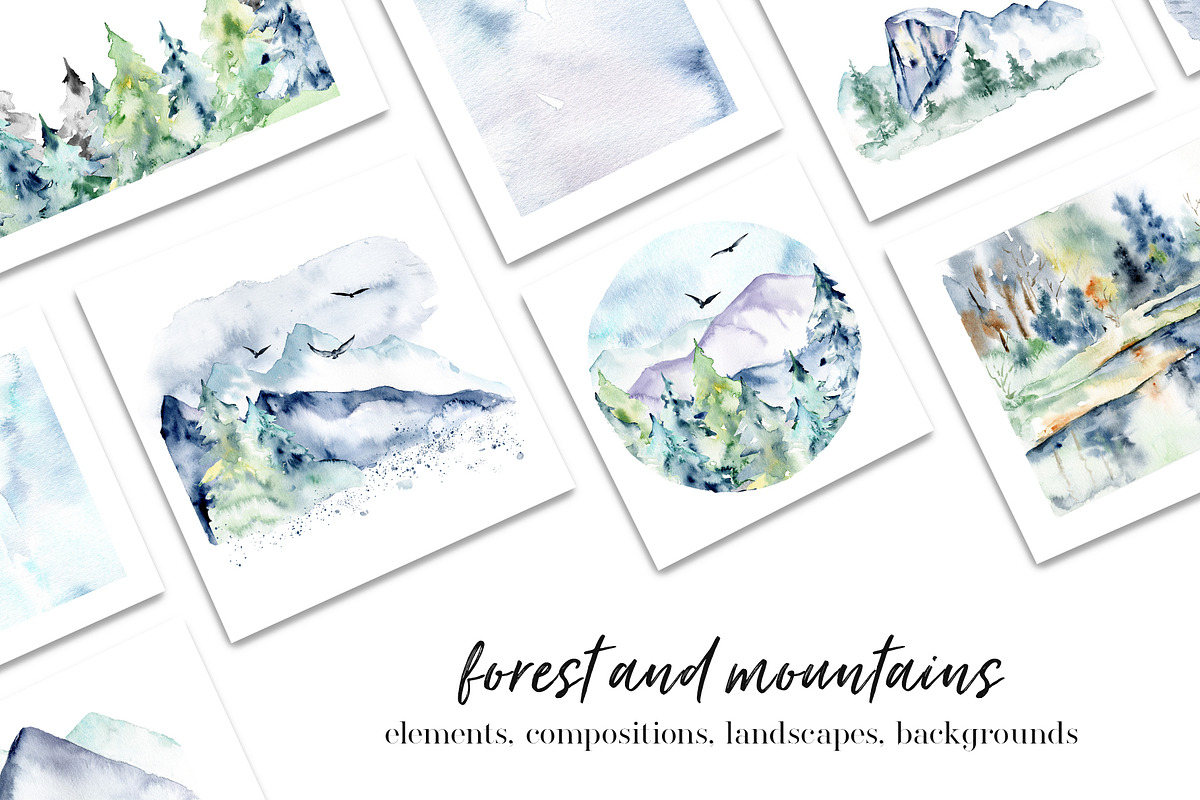 Forest and mountains watercolor set, an Illustration by Larisa Maslova (Photo 1 of 11)