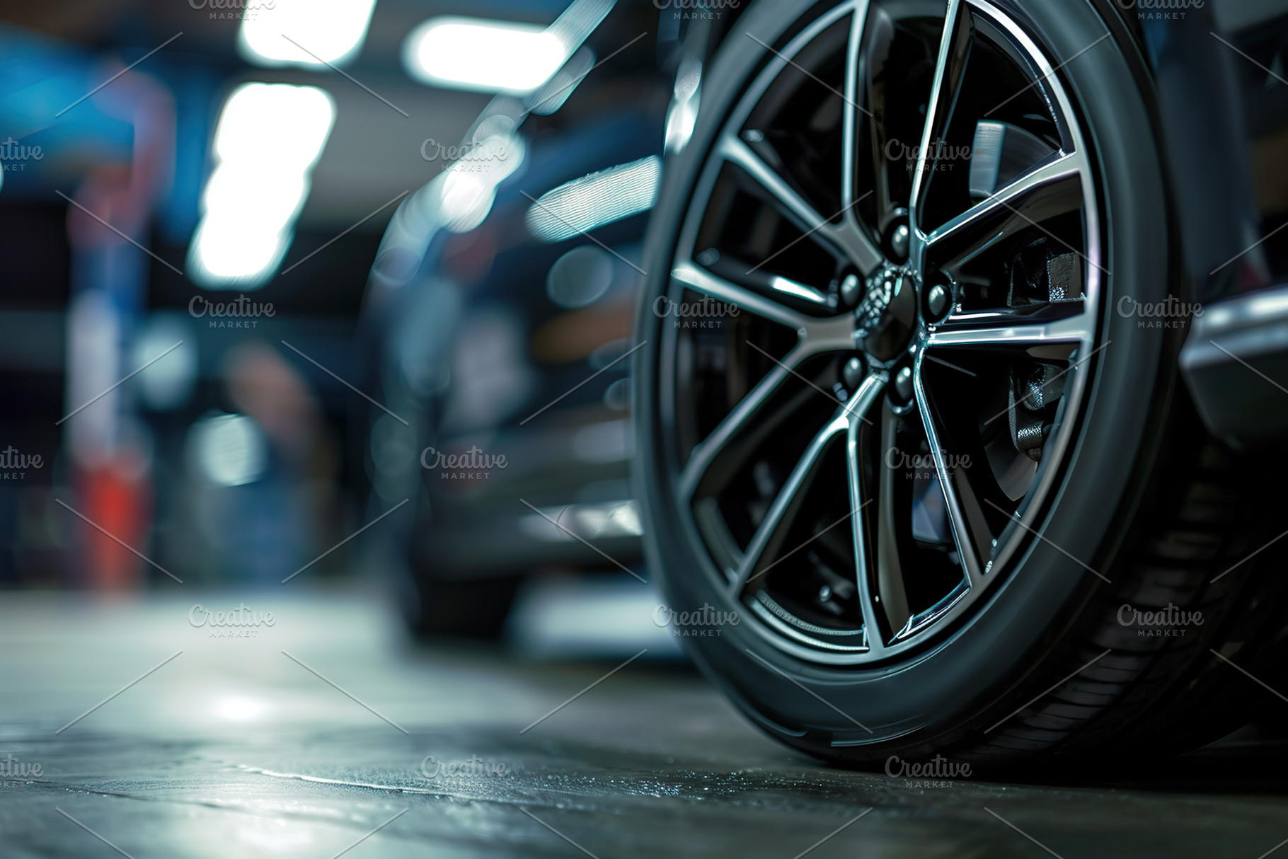 Car wheel with new tire on blurred garage background, a Transportation Photo by AlyaAnd