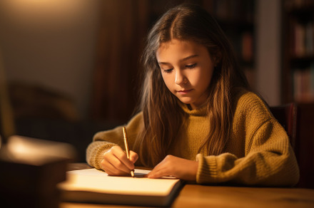 Close-up shot of a girl writing on her brand new notebook. Gener, a School & Education Photo by designvectx