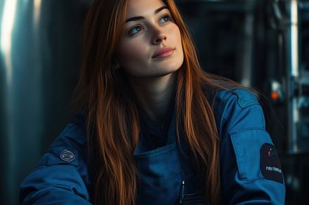 A young woman with long red hair sits thoughtfully in a blue jumpsuit, surround, a Person Photo by Textures & Backgrounds