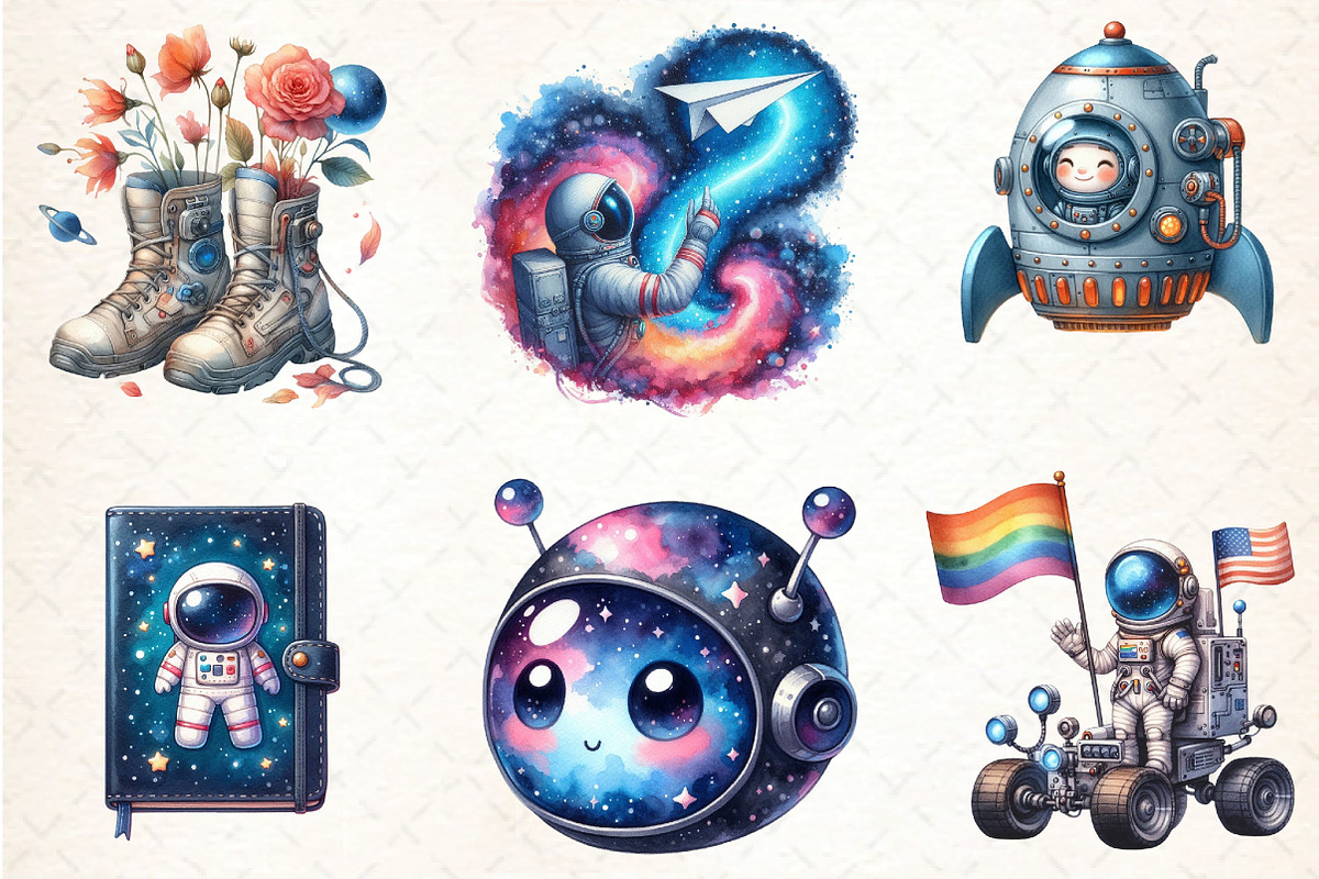 Watercolor Cute Astronaut Clipart, an Illustration by DreamCafeArt (Photo 3 of 7)
