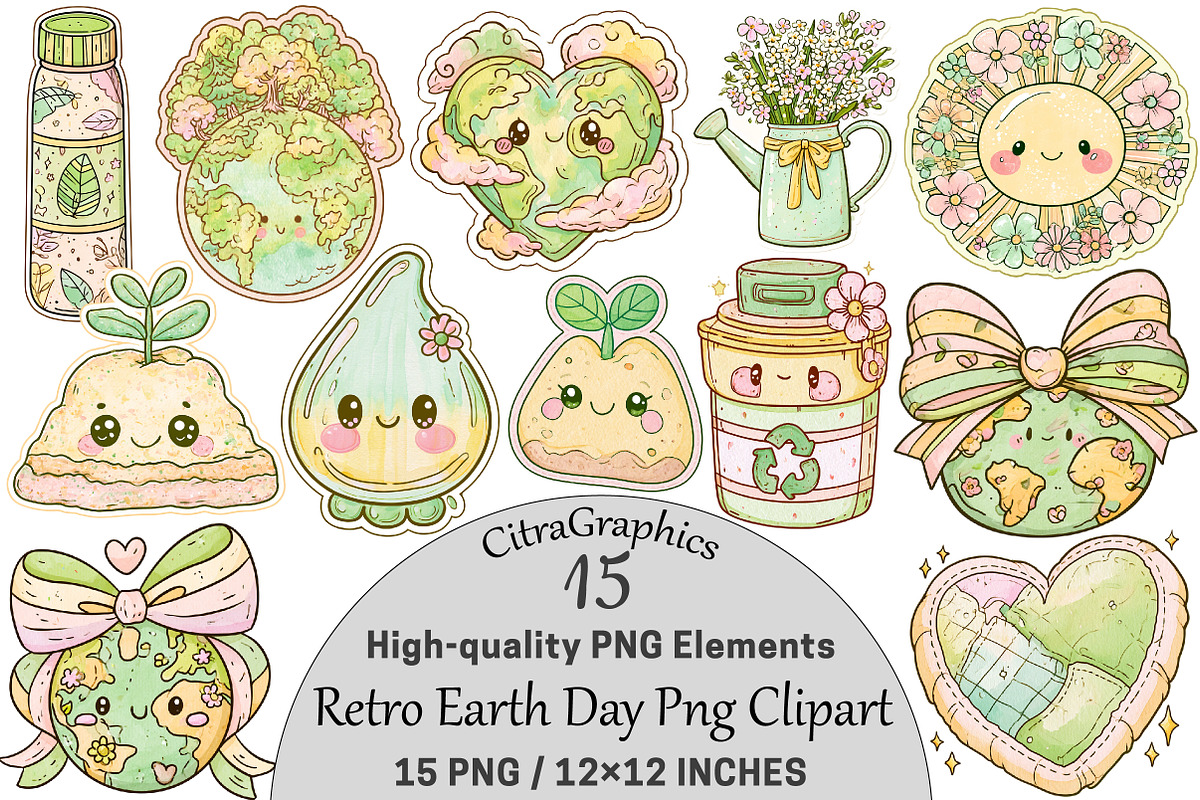 Retro Earth Day PNG Clipart Bundle, a Seasonal Illustration by CitraGraphics (Photo 1 of 5)