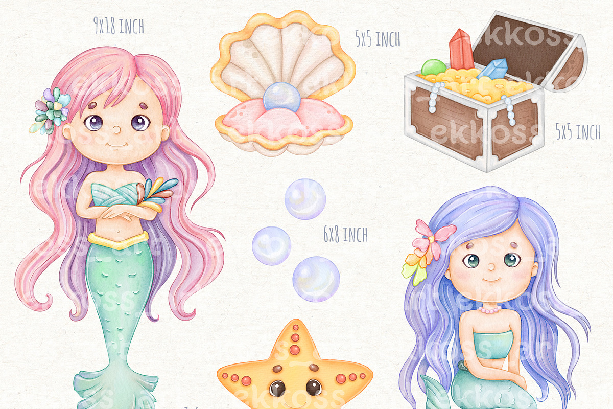 Little Mermaid Watercolor Clipart, an Animal Illustration by ekossa_art (Photo 2 of 5)