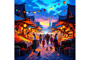 European Market at Dusk, a Person Illustration by Sharon Schwalbe