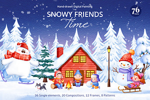 Snowy Friends Time Winter Watercolor