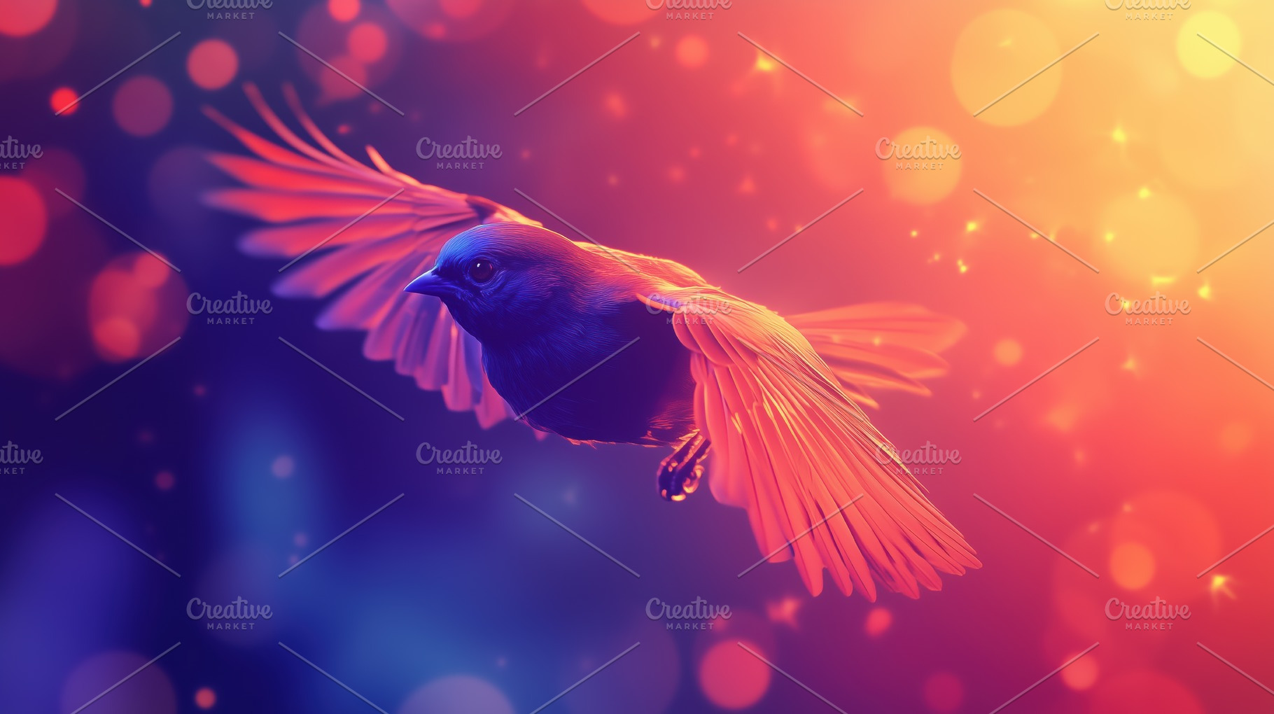 A vibrant bird in flight against a colorful, dreamy background filled with boke, an Animal Photo by Textures & Backgrounds