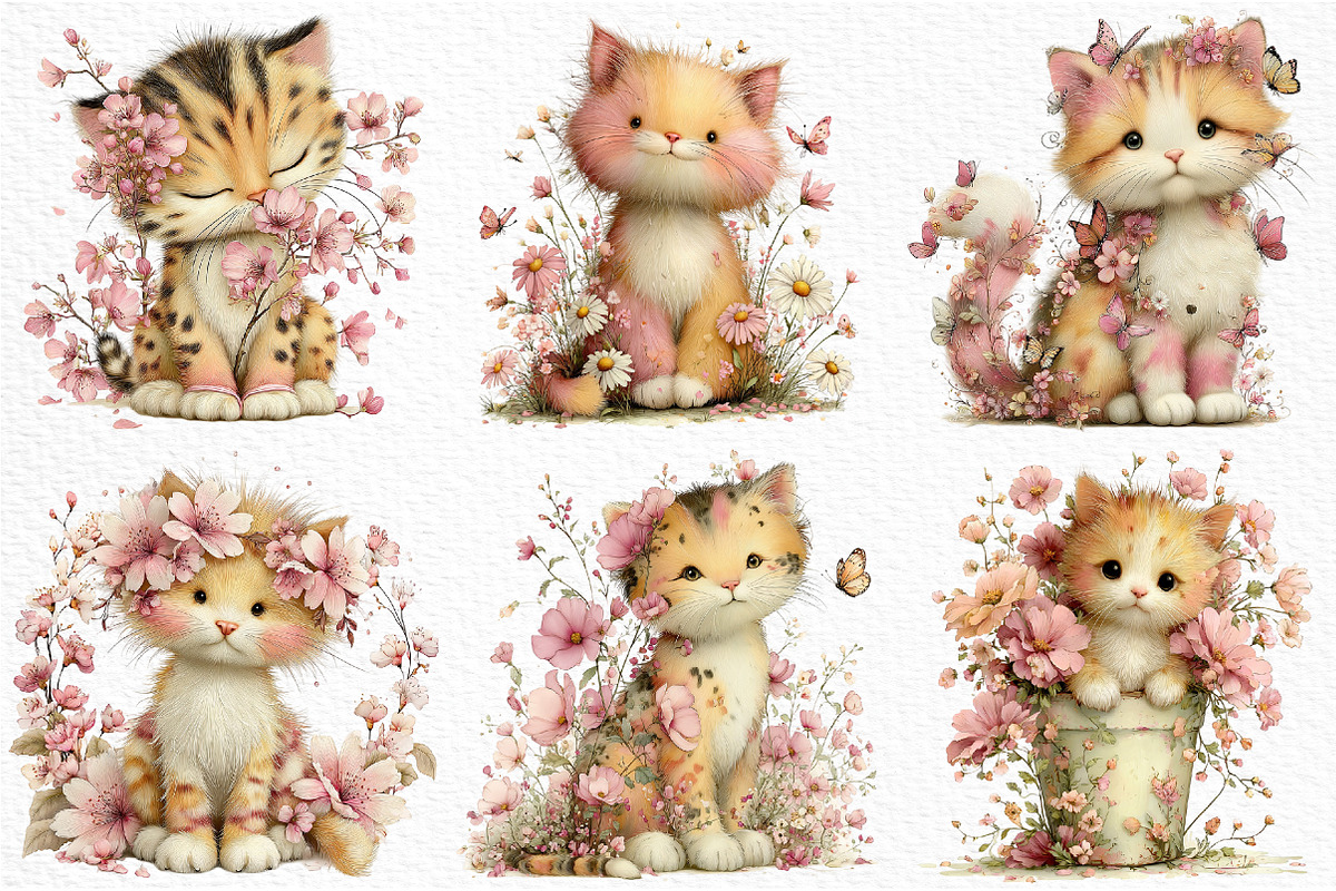 Whimsical Spring Cats Clipart, an Illustration by Craft Nest (Photo 3 of 6)