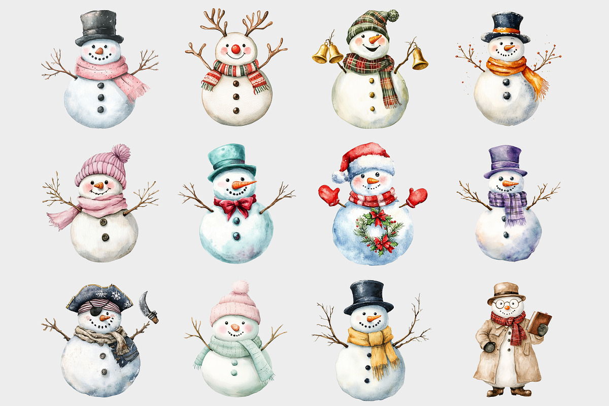 Watercolor Christmas Snowman Clipart, a Seasonal Illustration by Design Market (Photo 2 of 5)