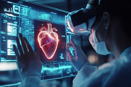 Doctor checking human heart on AI hologram, with virtual reality glasses, a Health & Medical Photo by AlyaAnd