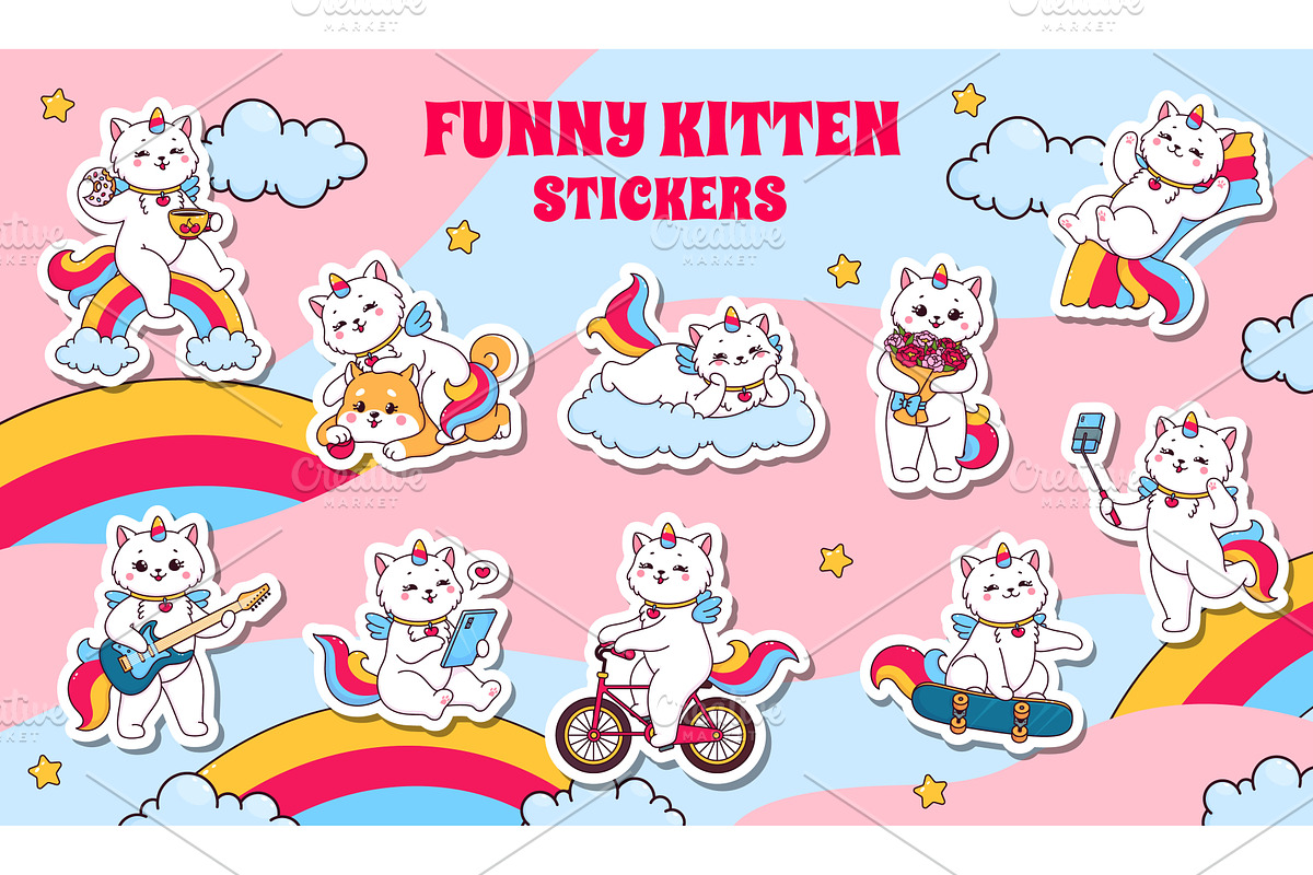 Cartoon caticorn cat or kitten, an Animal Illustration by Vector Tradition