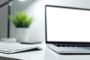 Clean modern workspace with laptop, a Technology Photo by Artonix