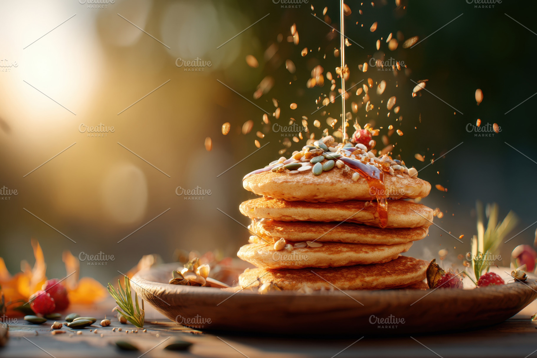 Delicious stack of pancakes with syrup and seeds in the warm sunlight of mornin, a Food & Drink Photo by AlyaAnd