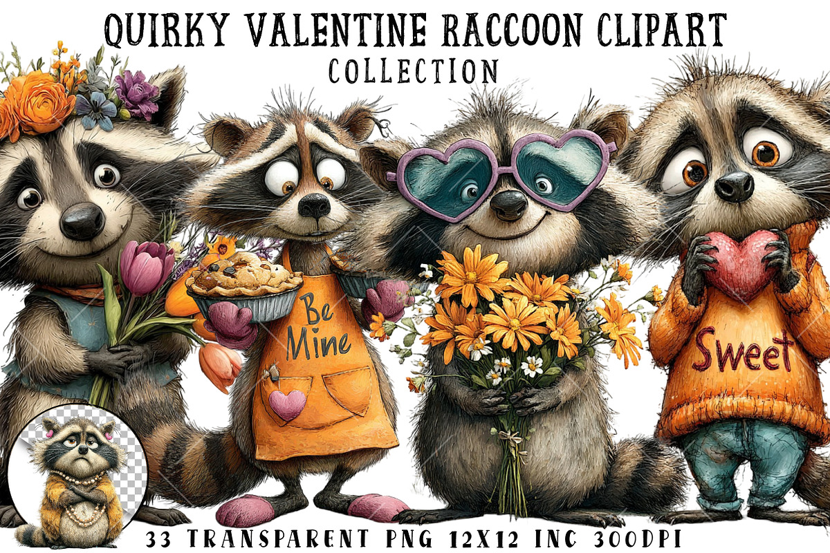Quirky Valentine Raccoon Clipart, an Illustration by OK Design (Photo 1 of 6)