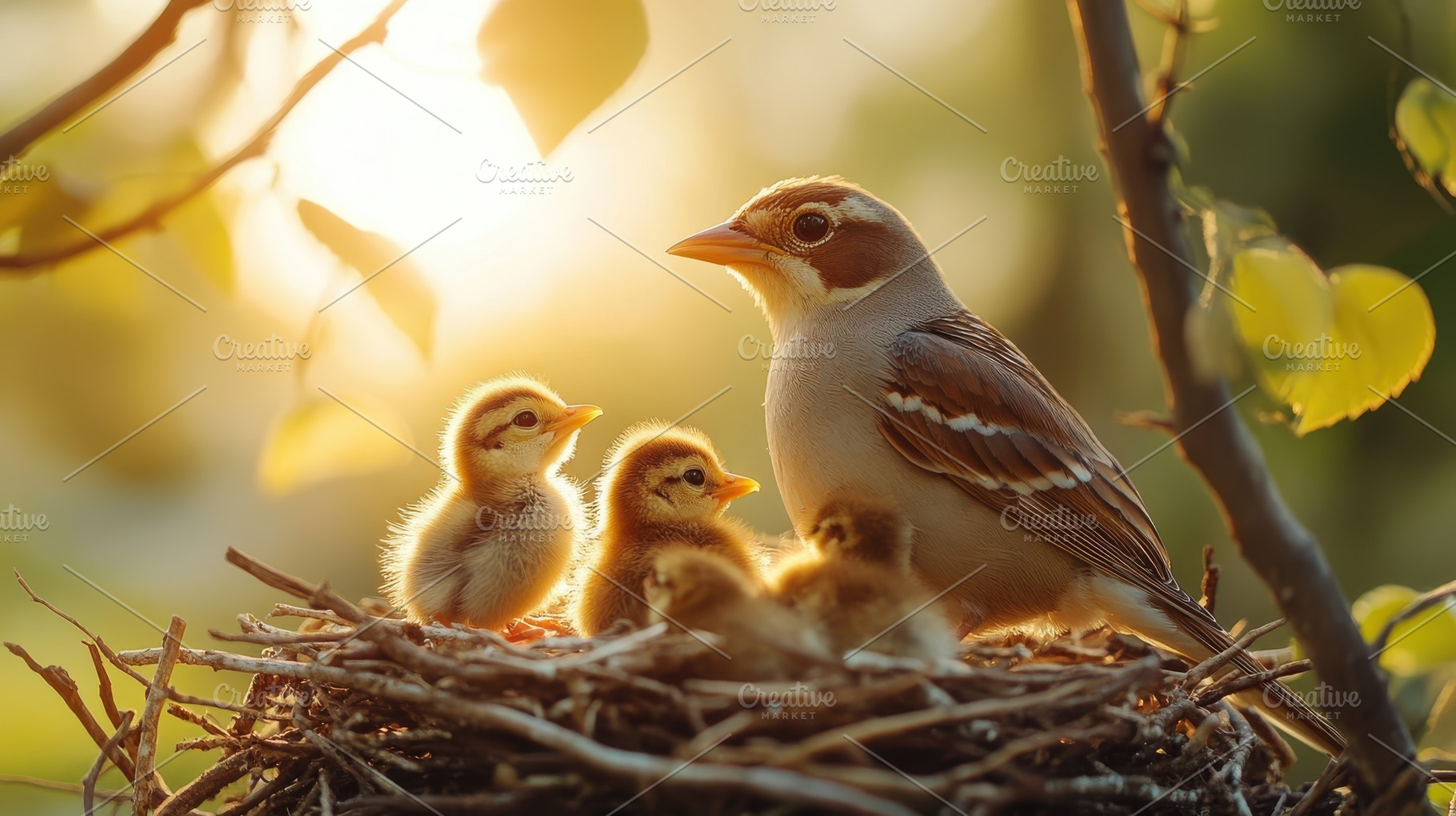 Bird family in nest. Mother bird wit, an Animal Photo by Pixeness Studio