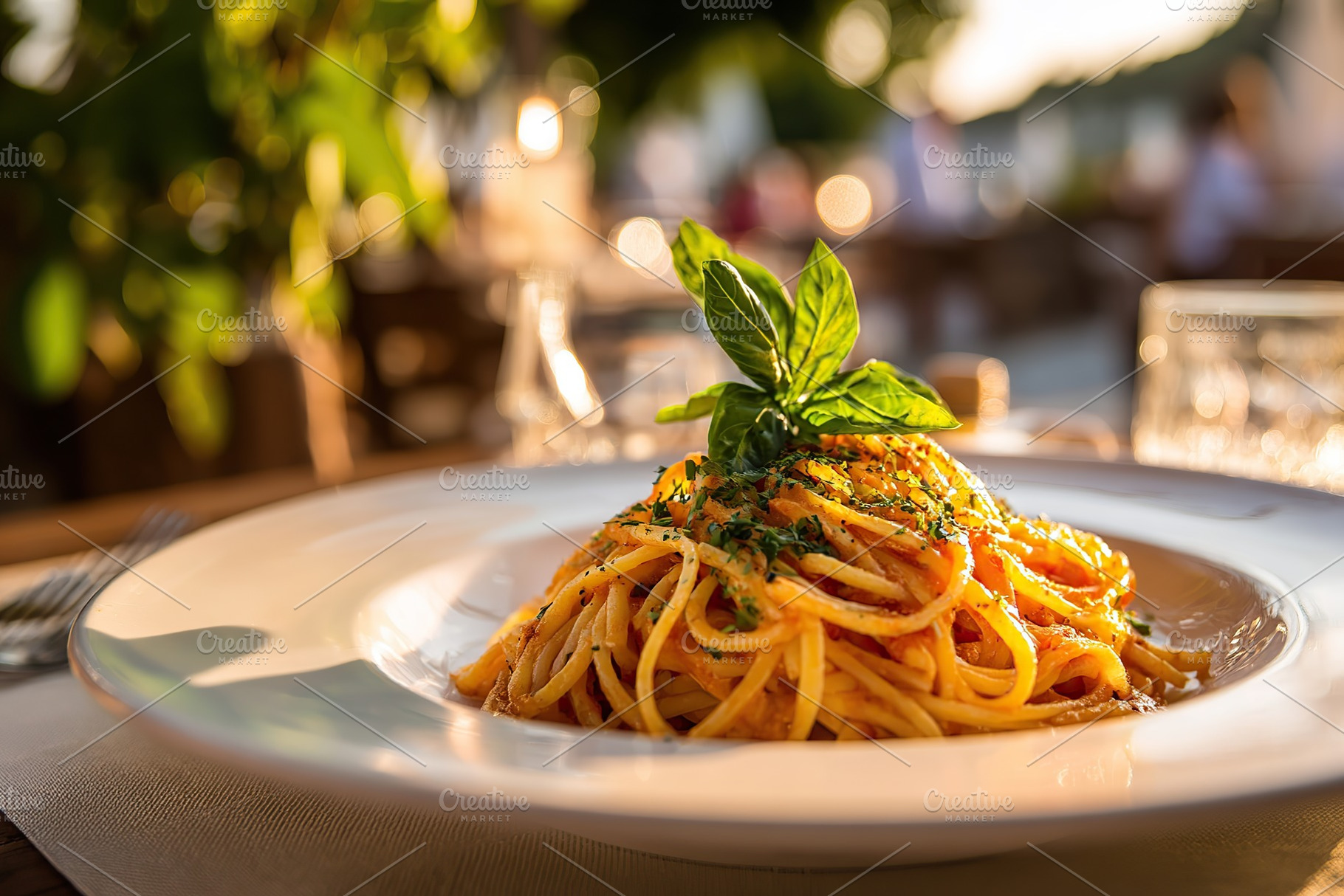 Delicious Italian pasta with tomato sauce and fresh basil served at an outdoor, a Food & Drink Photo by AlyaAnd