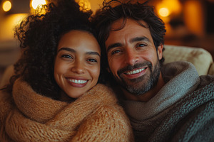 A joyful couple, a Black woman and a Caucasian man, share a warm embrace under, a Person Photo by ImageMir