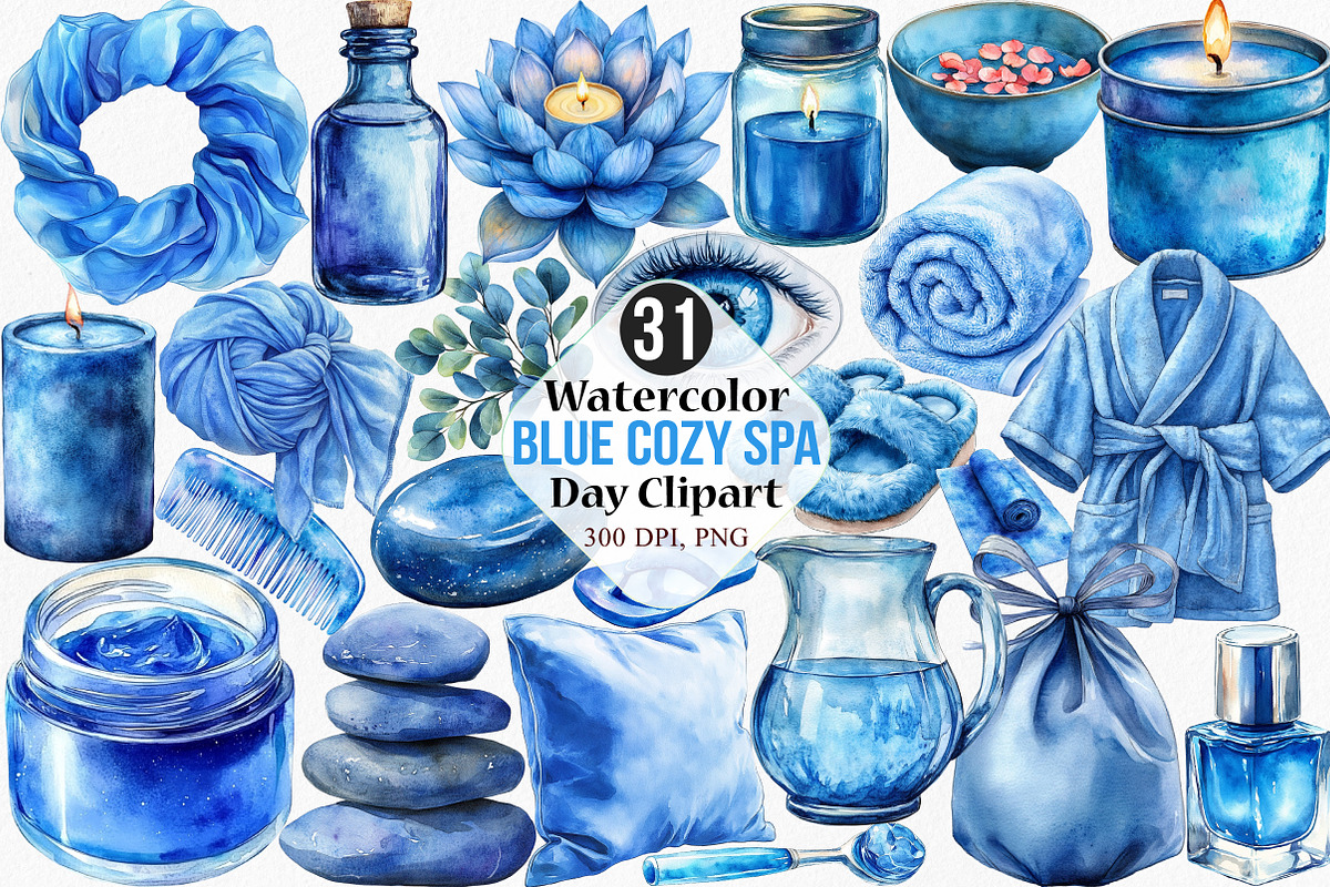 Watercolor Blue Cozy Spa Day Clipart, an Illustration by Canvas Craft (Photo 1 of 7)