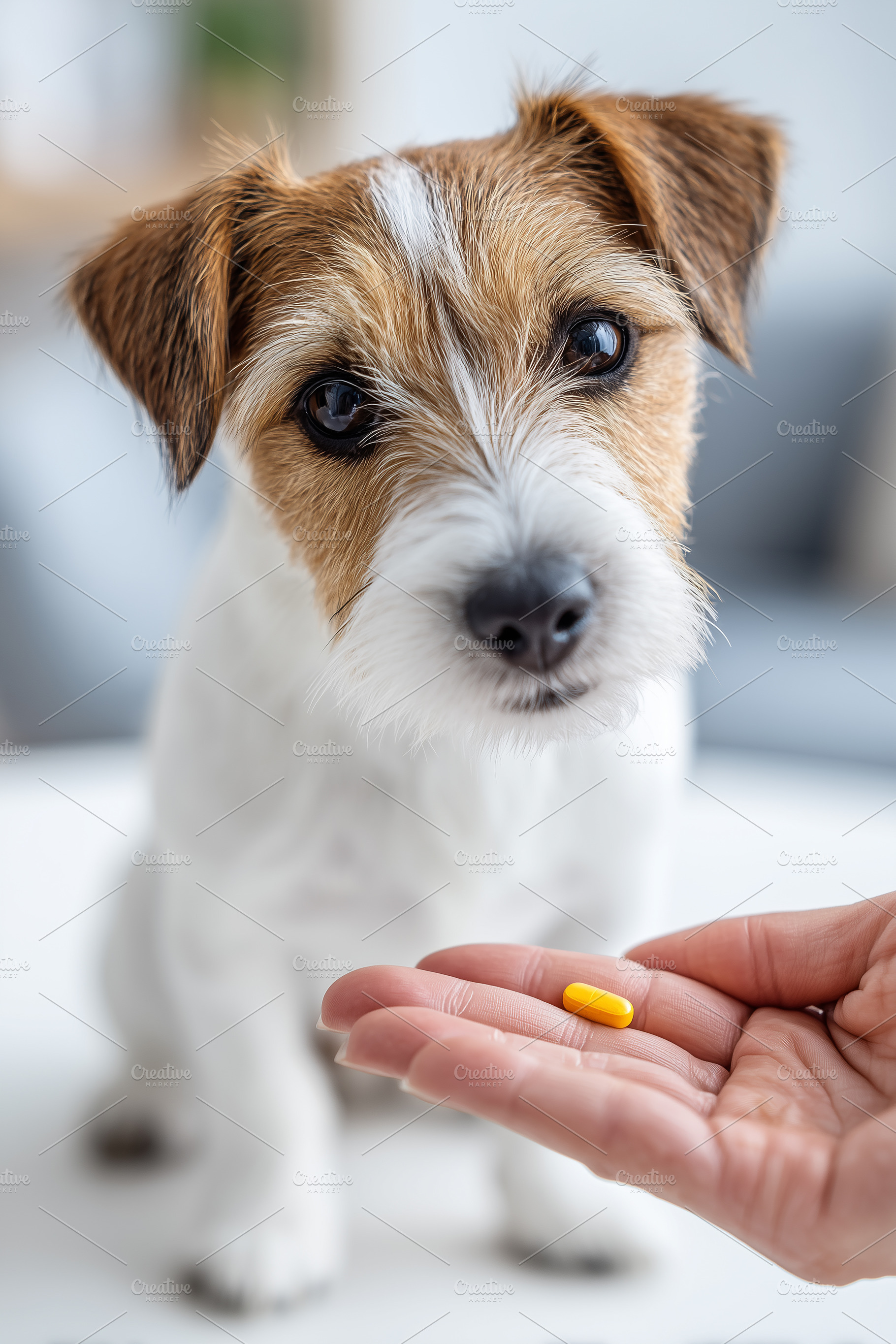 Human hand offering a small pill to, an Animal Photo by MistyDay