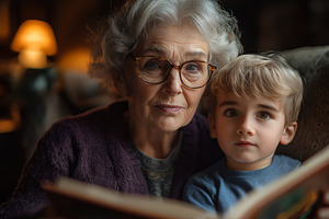 A thoughtful elderly woman with gray hair and glasses reads a story to a young, a Person Photo by ImageMir