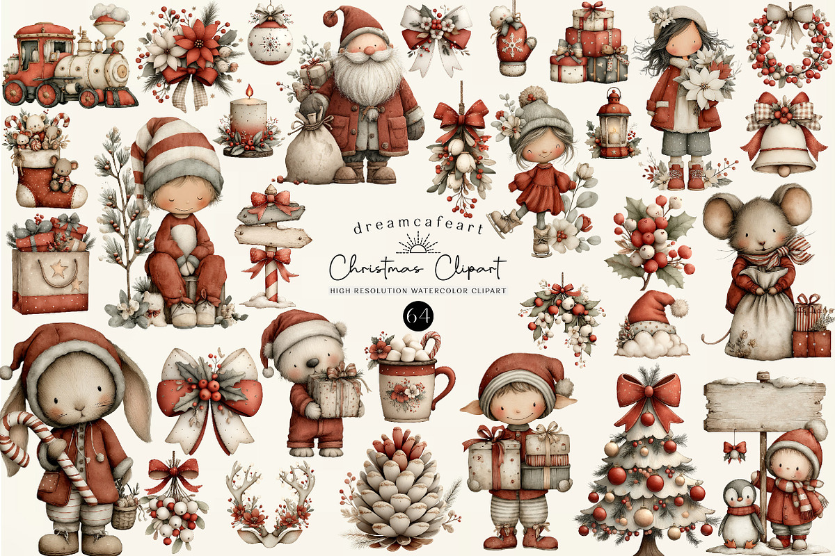 Whimsical Christmas Clipart, an Illustration by DreamCafeArt (Photo 1 of 7)