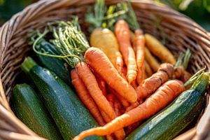 Fresh vegetable basket in garden, a Food & Drink Photo by AlyaAnd